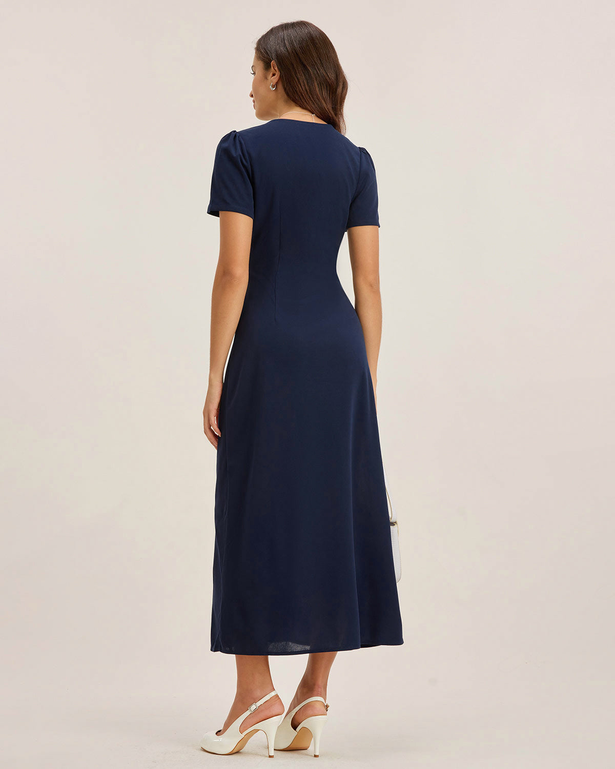 Blue V Neck Button Pleated Midi Dress