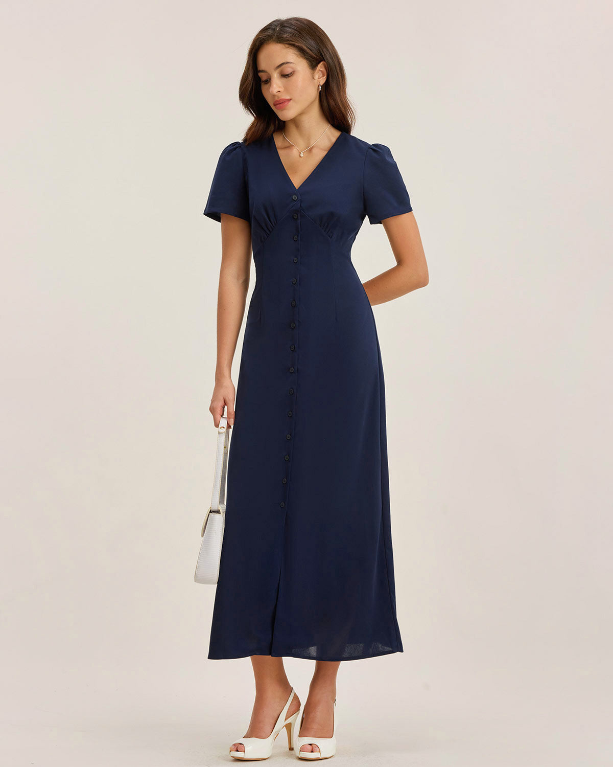 Blue V Neck Button Pleated Midi Dress