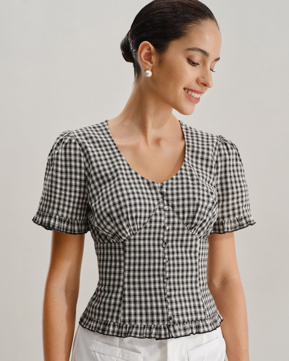 Black Plaid V Neck Ruffle Blouse