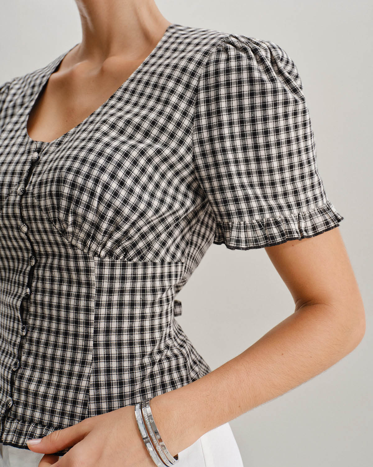 Black Plaid V Neck Ruffle Blouse
