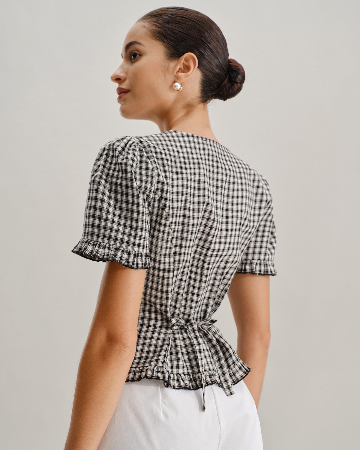 Black Plaid V Neck Ruffle Blouse