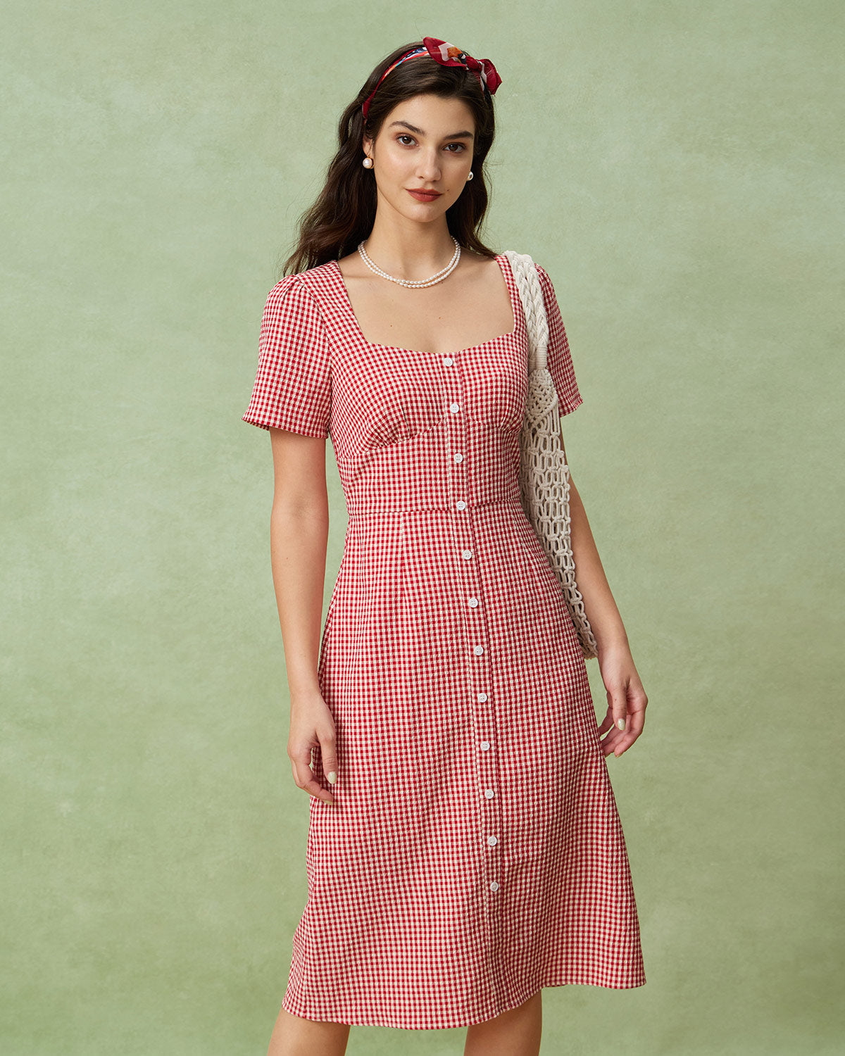 Red Plaid Square Neck Midi Dress