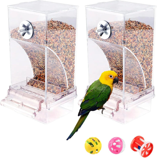 2PCS No Mess Bird Feeder for Cage with 3 Bird Toys, Automatic Bird Feeder, Transparent Parakeet Food Seed Reducing-Waste Container Parrot Foraging Feeder for Small Birds(4Inch x 7.5Inch x 3.5Inch) Soliqlo