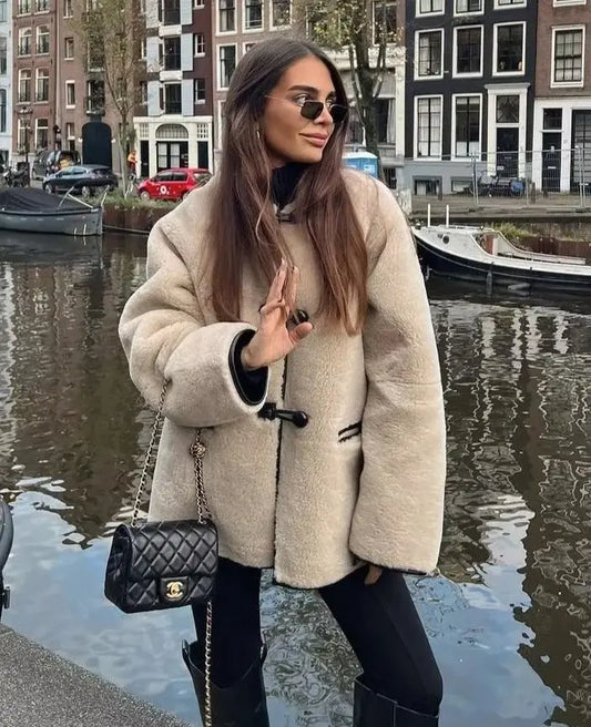 Artificial Fur Round Neck Coat Soliqlo