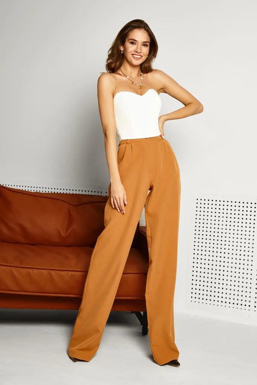 Camel High Waist Fitted Palazzo Pants Soliqlo