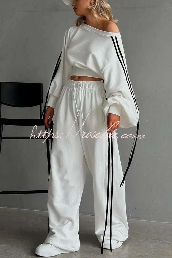 Contrast Color Webbing Casual Sweatshirt and Elastic Waist Tie Loose Pants Set Soliqlo