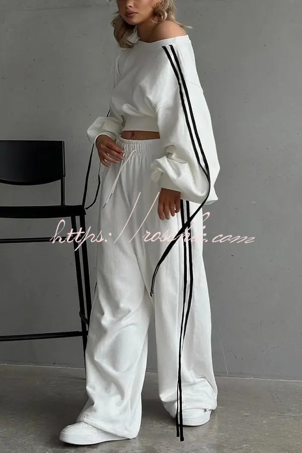 Contrast Color Webbing Casual Sweatshirt and Elastic Waist Tie Loose Pants Set Soliqlo