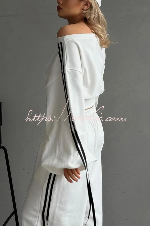 Contrast Color Webbing Casual Sweatshirt and Elastic Waist Tie Loose Pants Set Soliqlo