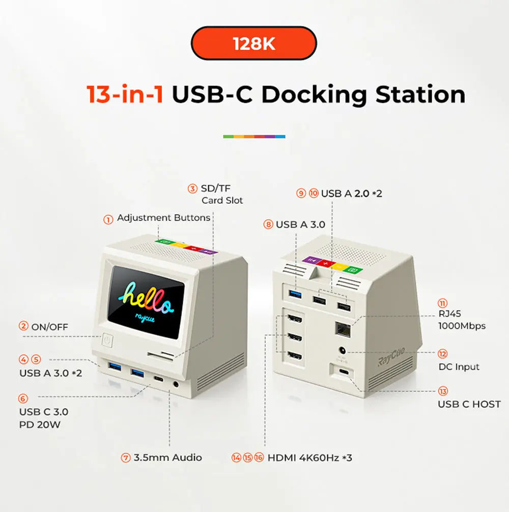 RayCue 128K: Retro Style Multifunctional Dock w/ Display Soliqlo