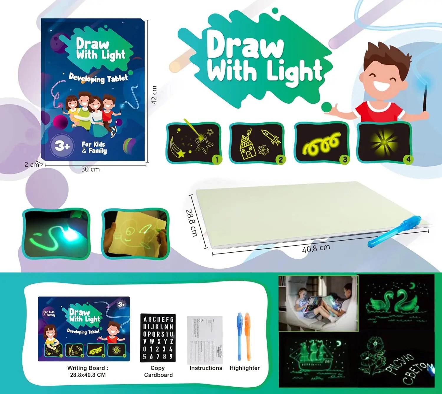 Fun Drawing Pad Board Glow in Dark with Light for Kids Painting Board Educational Toy and Developing Drawing or Writing Skills,Fluorescent Doodle Board Drawing Tablet Luminescent Board (A3) Soliqlo