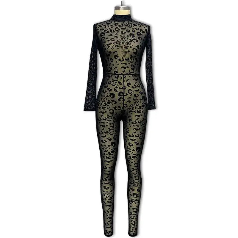 Jumpsuit Women 2023 Spring Fashion Leopard Print Mock Neck Casual Long Sleeve Skinny Daily Semi-Sheer Jumpsuit Y2K Streetwear Soliqlo