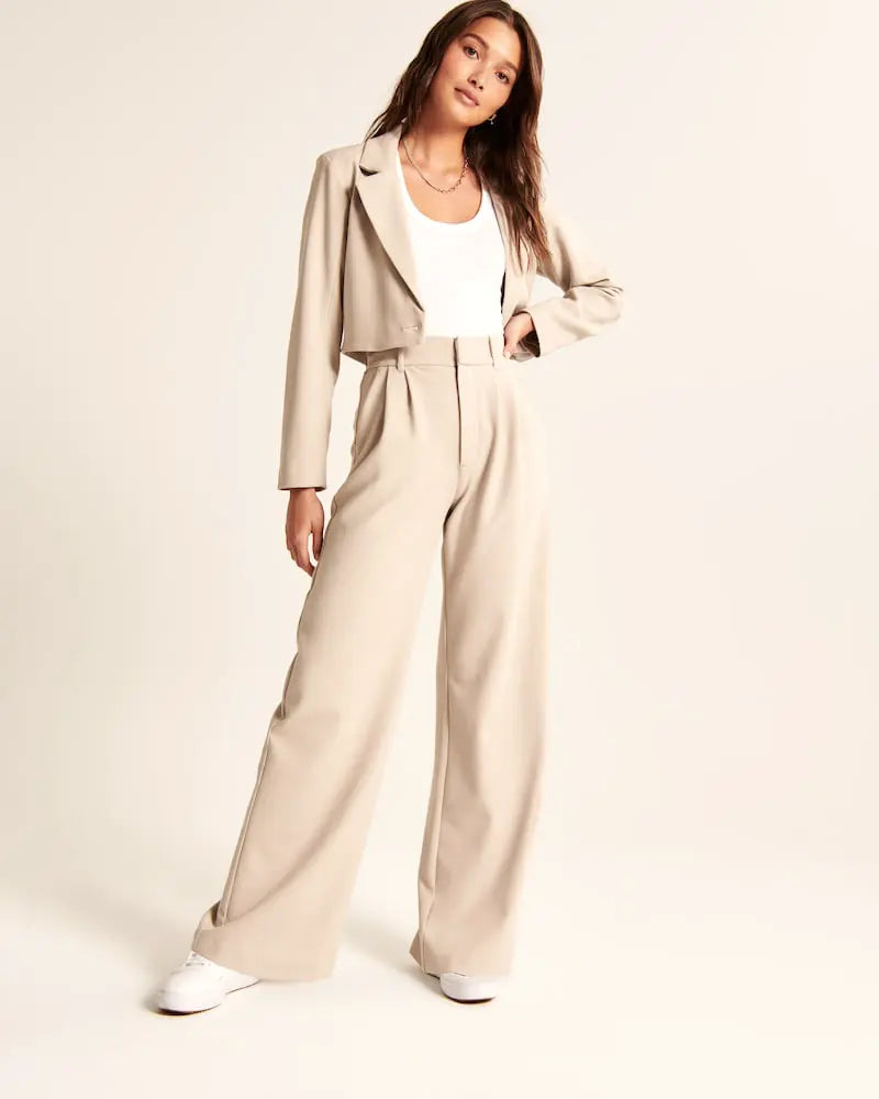 Beige Wide-Leg Pants Soliqlo