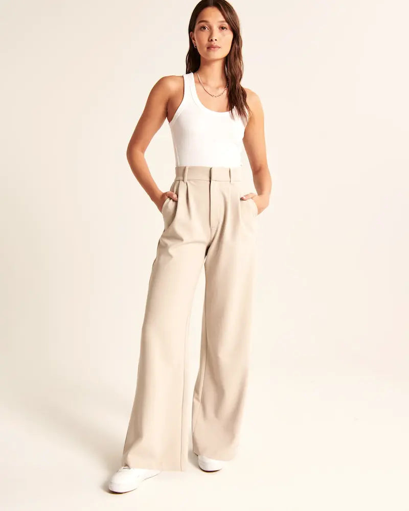 Beige Wide-Leg Pants Soliqlo