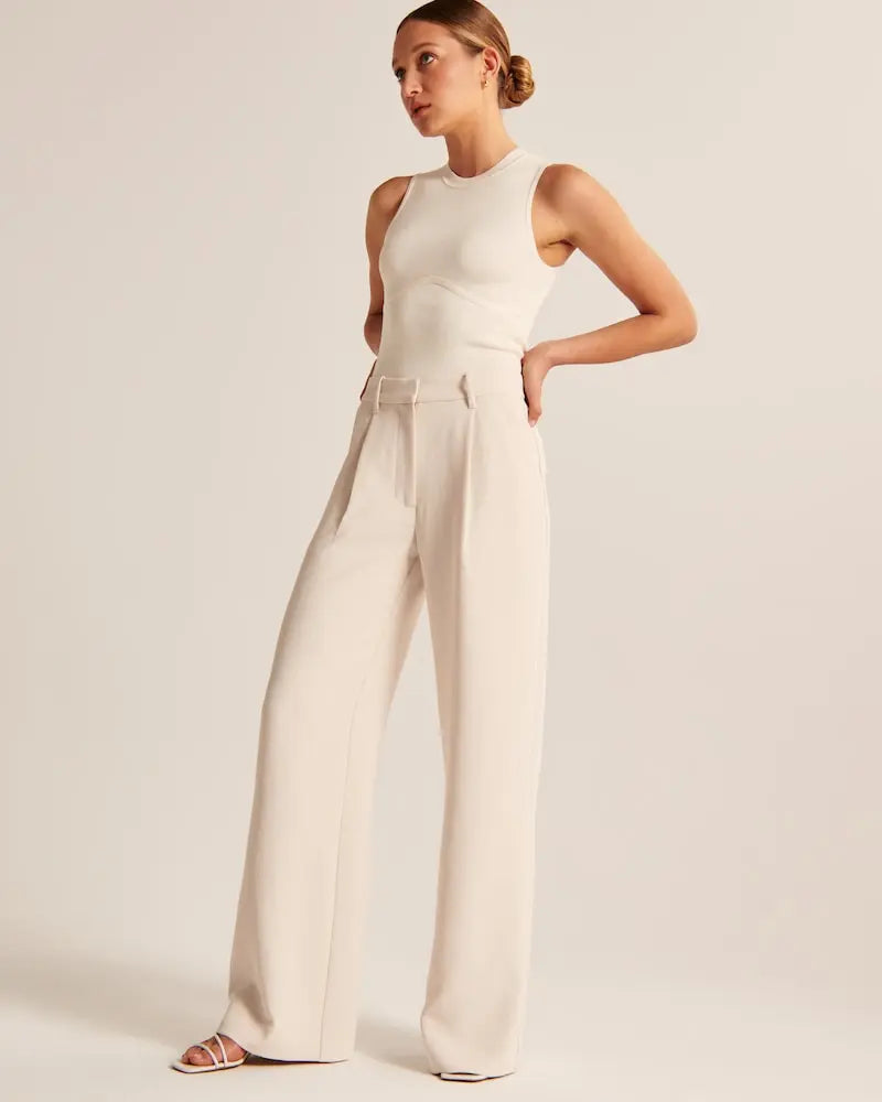 Beige Wide-Leg Pants Soliqlo