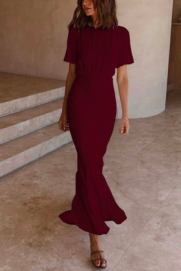 Margovil Short Sleeve Waisted Bodycon Fishtail Dress(6 Colors Available) - Soliqlo