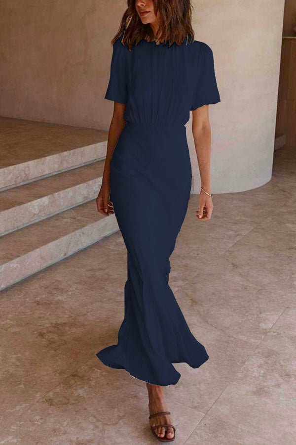 Margovil Short Sleeve Waisted Bodycon Fishtail Dress(6 Colors Available) - Soliqlo