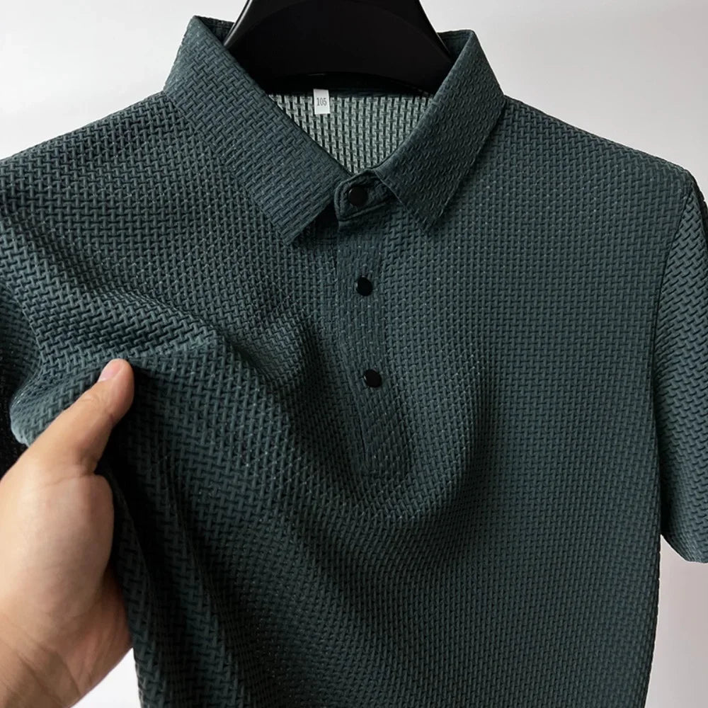 Motorcycle Summer Men Lop - up Hollow Short - sleeved Polo Tee Shirt Ice Silk Breathable Business Fashion T-Shirt Male Brand Clothes - Soliqlo