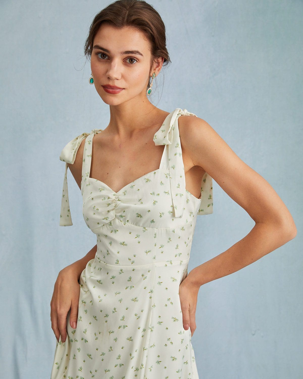 The Light Green Satin Floral Tie Strap Slit Midi Dress