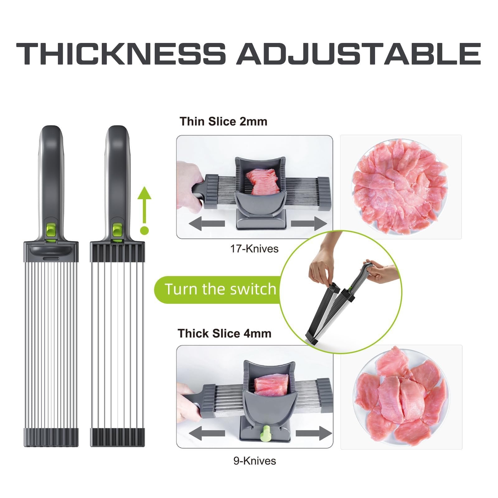 Usphonecards - Meat Slicer For Fresh Raw Meat, Adjustable Thickness 2 Or 4 Mm, 17 - In - 1 Stainless Steel Meat Cleaver Kitchen Knife - Soliqlo