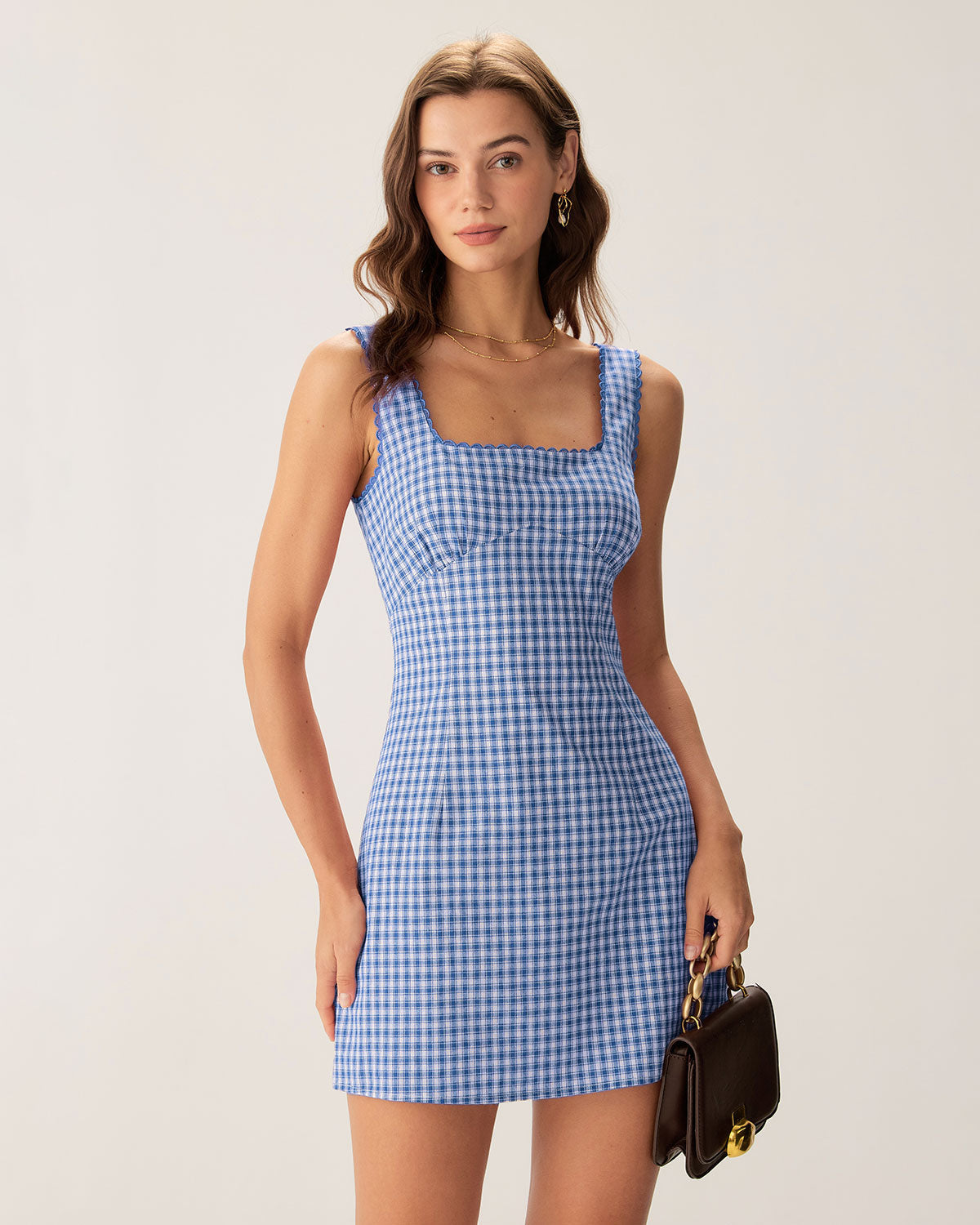 Blue Plaid Square Neck Slip Mini Dress