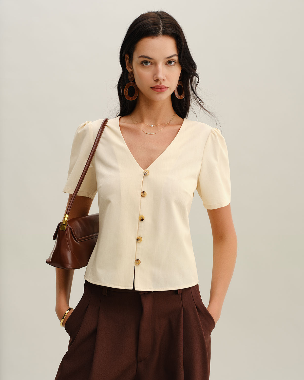 Beige V Neck Button Short Sleeve Blouse