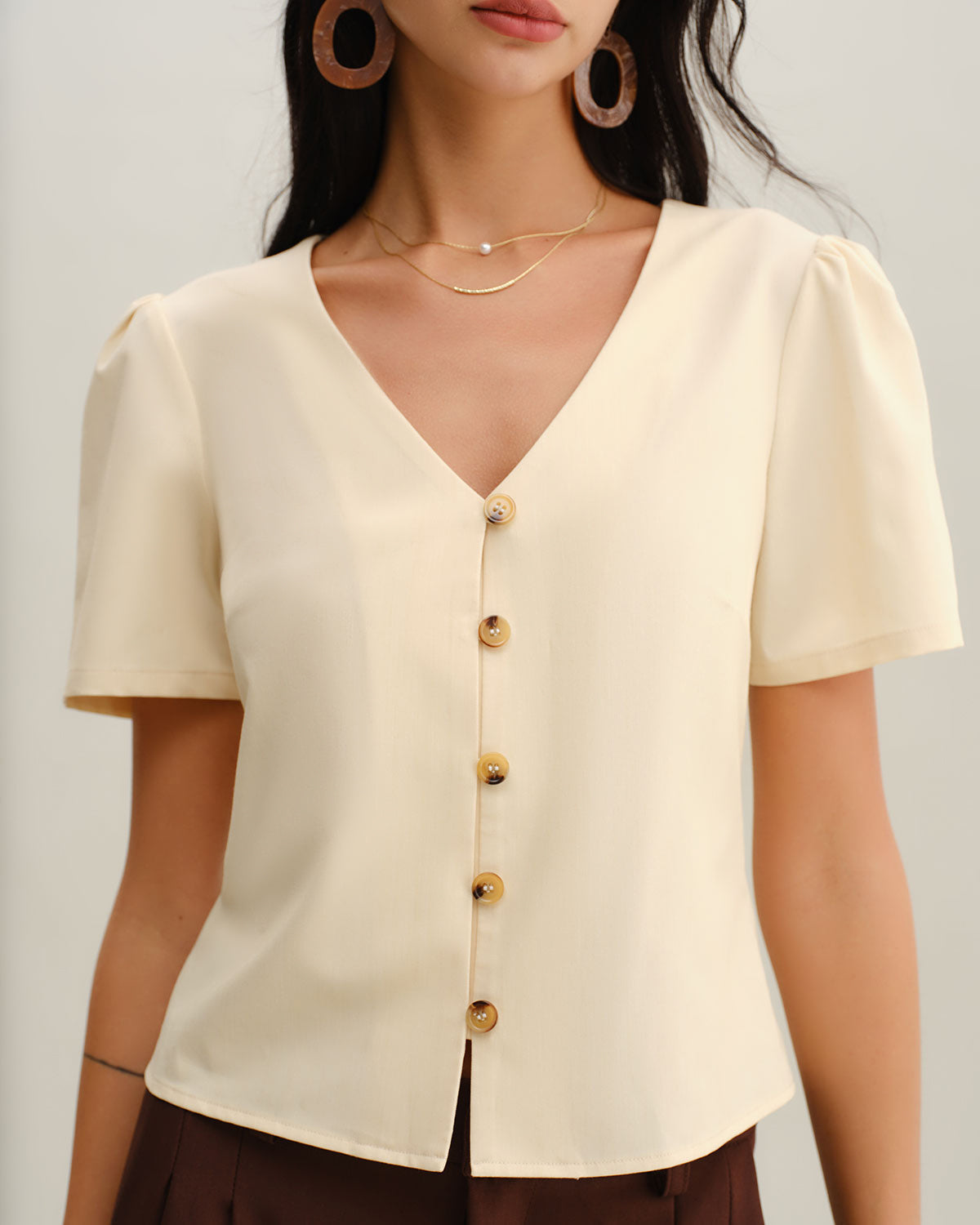Beige V Neck Button Short Sleeve Blouse