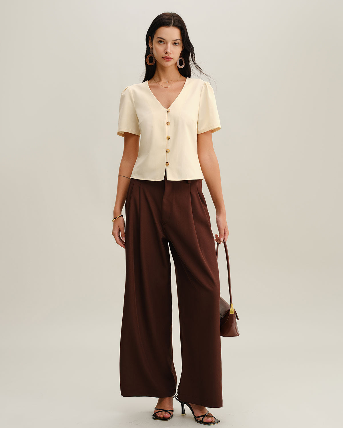 Beige V Neck Button Short Sleeve Blouse