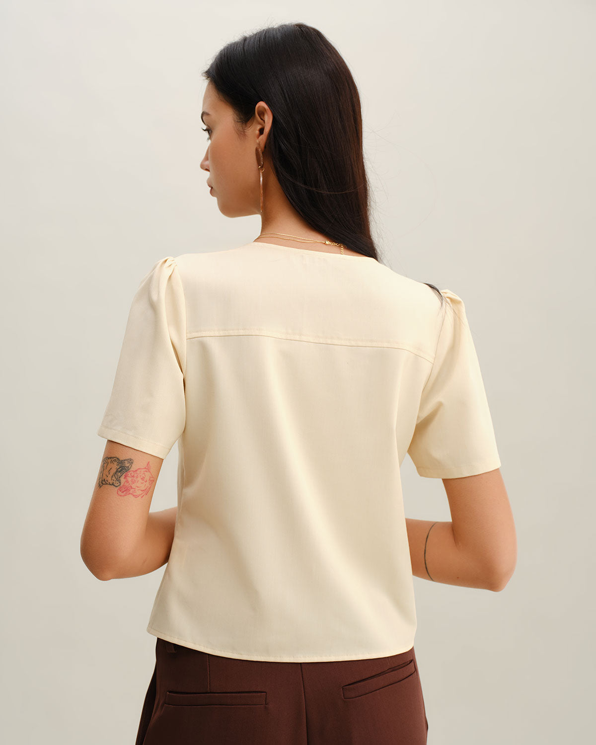 Beige V Neck Button Short Sleeve Blouse