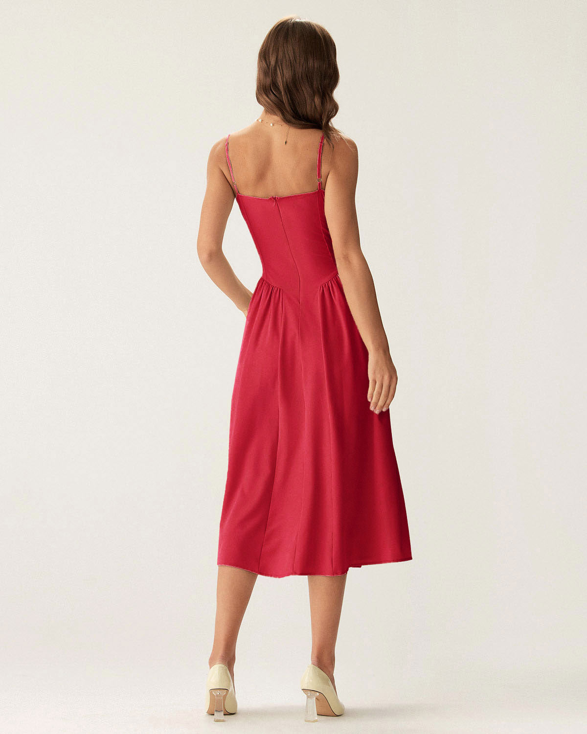 Red Square Neck Pocket Slip Midi Dress