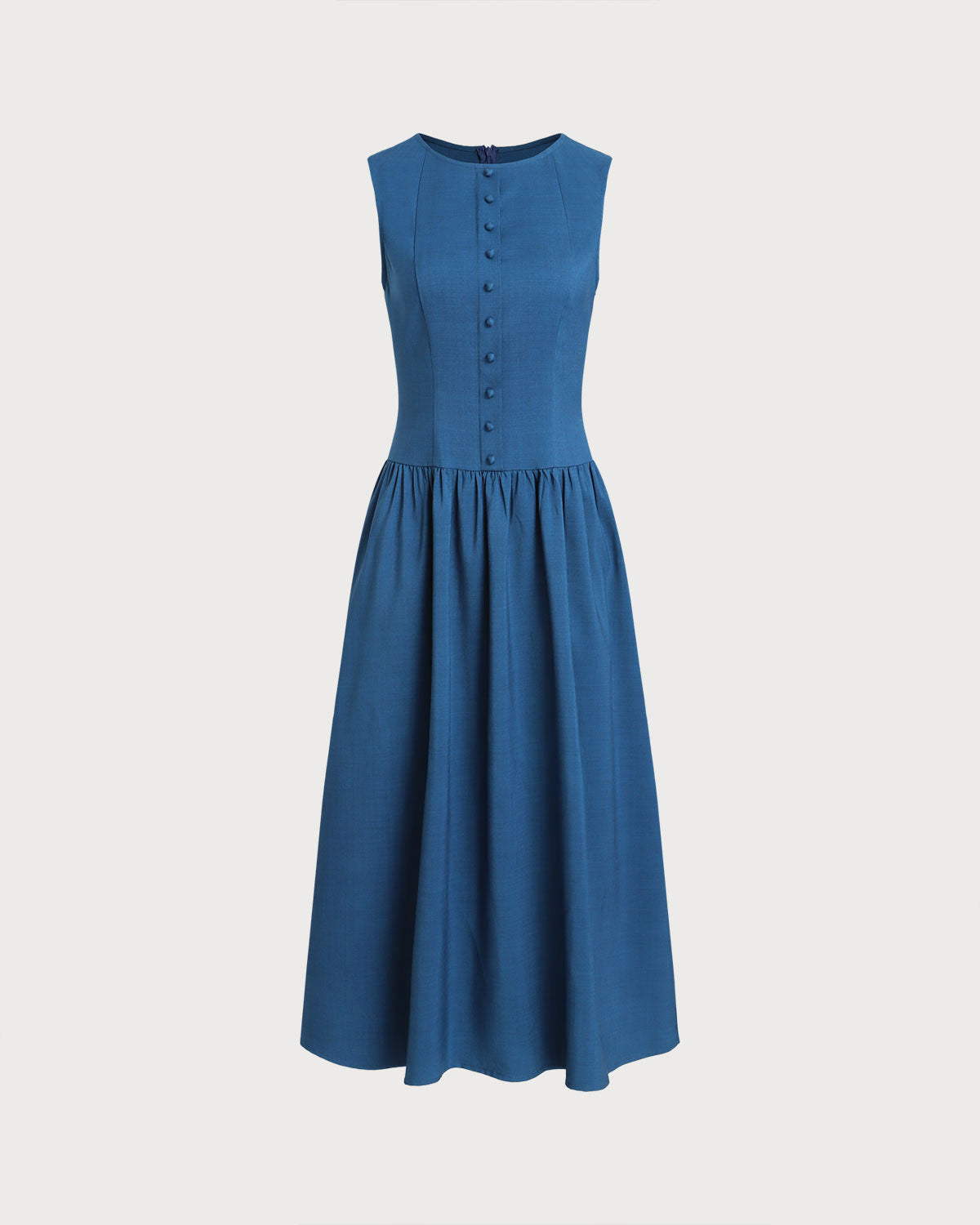 Blue Boat Neck Button Pocket Midi Dress