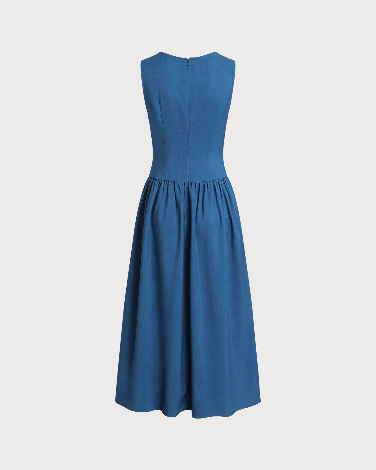 Blue Boat Neck Button Pocket Midi Dress