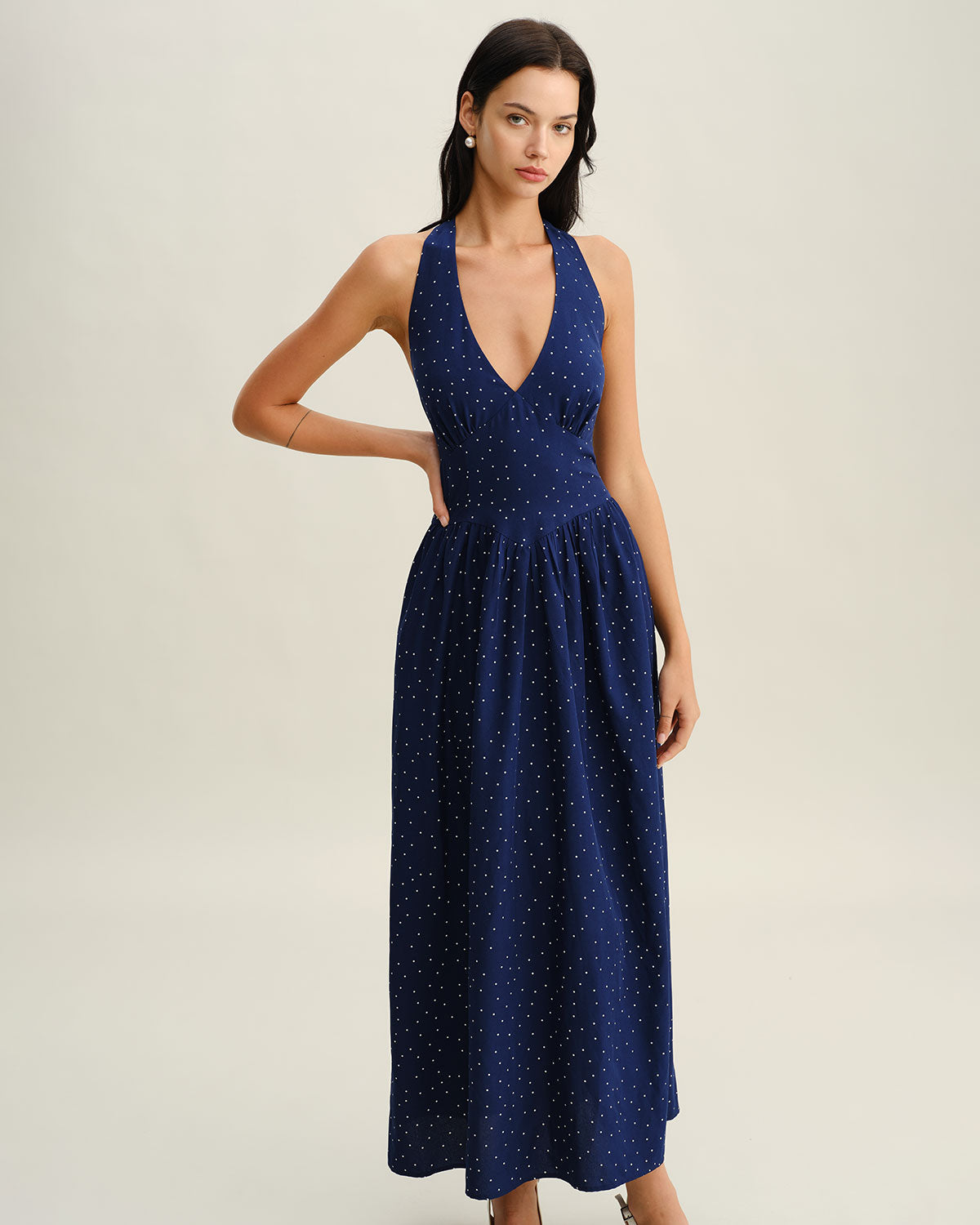 Blue Polka Dot Halter Maxi Dress