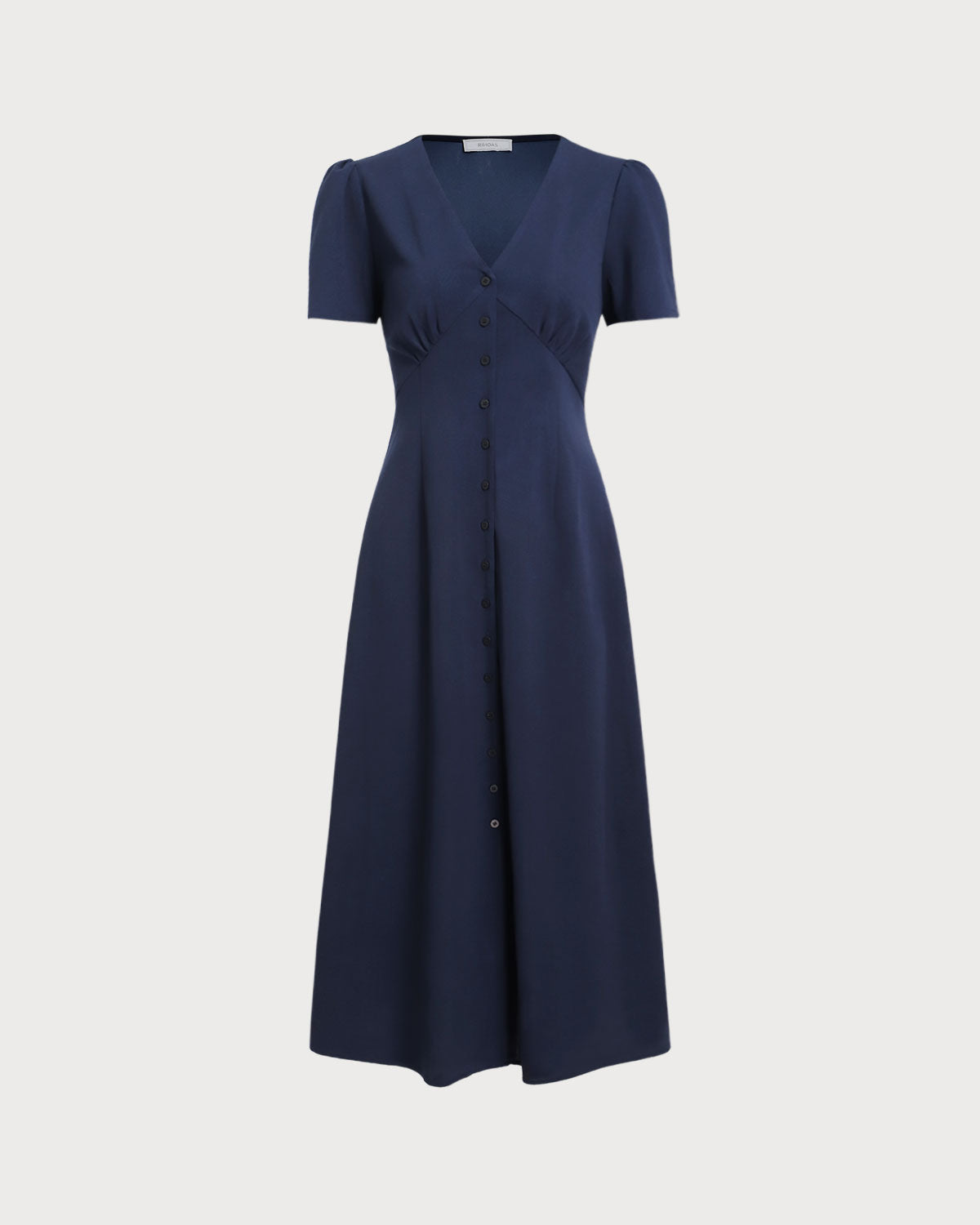 Blue V Neck Button Pleated Midi Dress