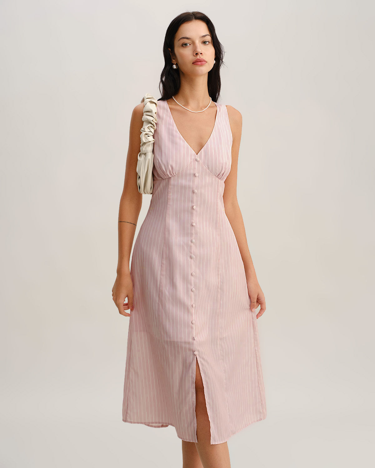 Pink Striped V Neck Sleeveless Midi Dress