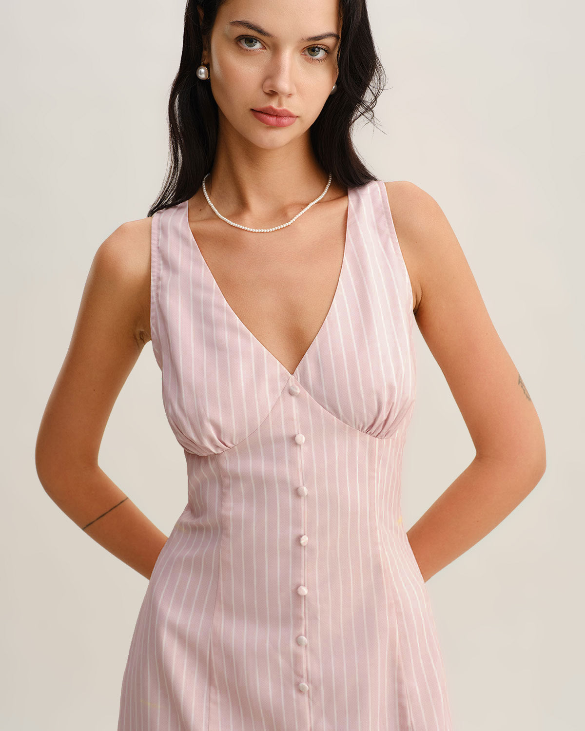 Pink Striped V Neck Sleeveless Midi Dress