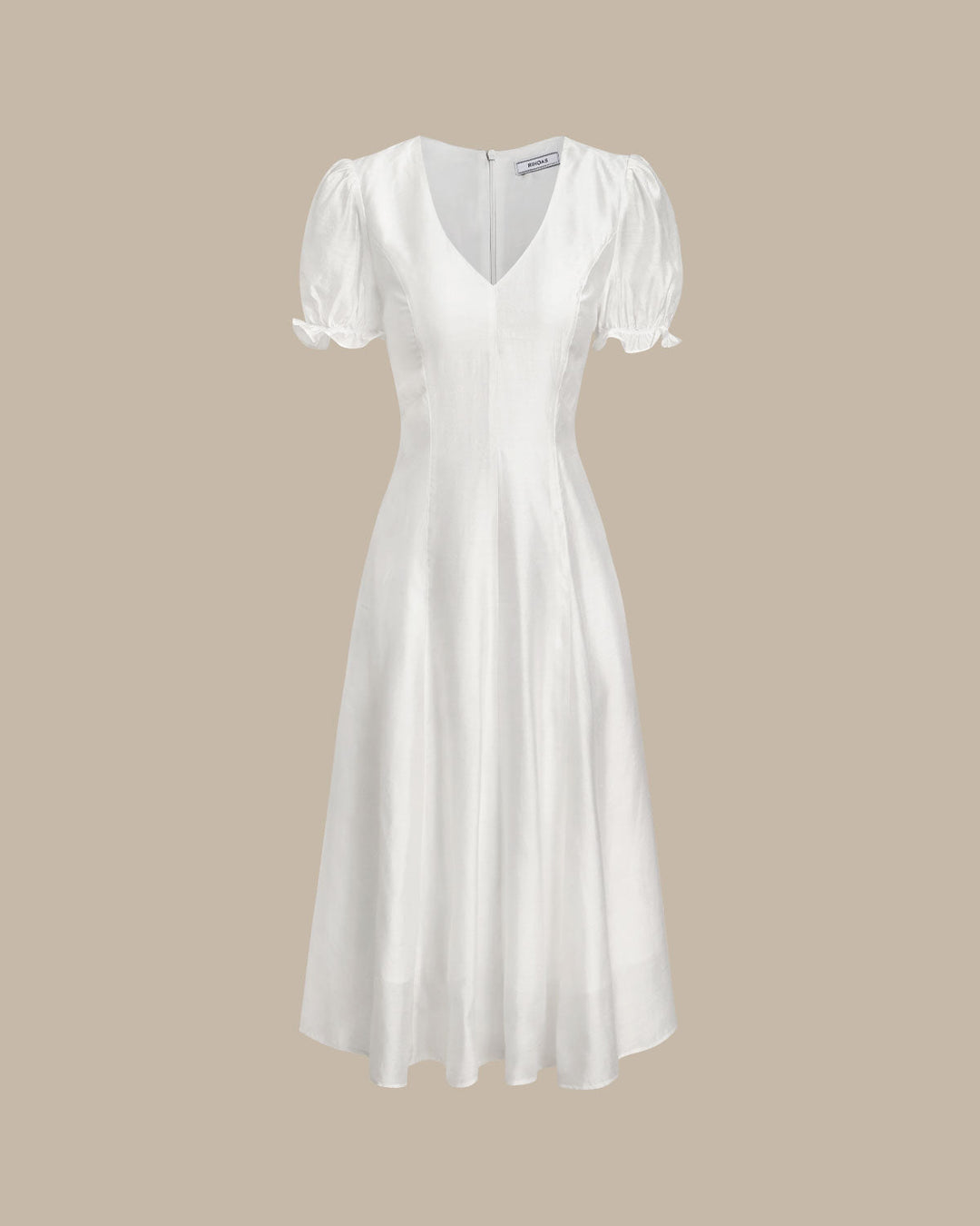 White Puffed Sleeve V Neck Midi Dress
