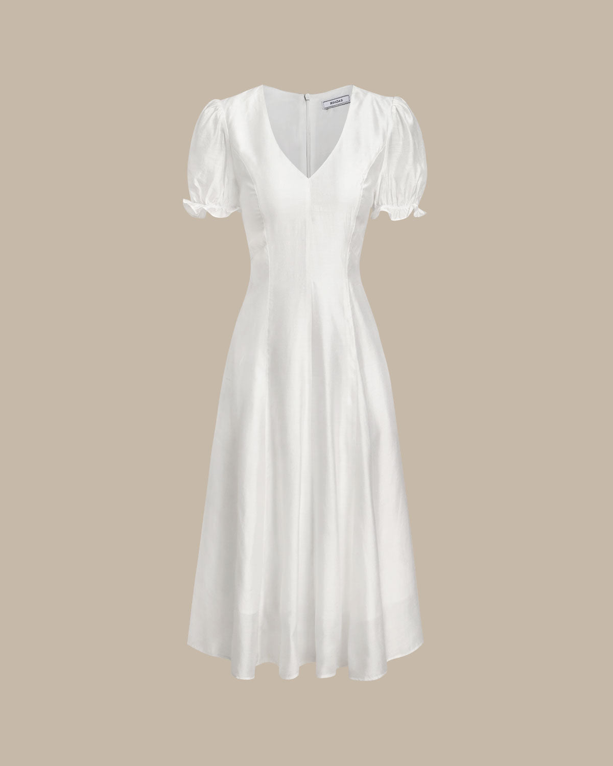 White Puffed Sleeve V Neck Midi Dress